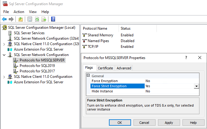 Captura de tela do controle de interface do usuário para SQL Server Configuration Manager, caixa de diálogo para configuração de protocolos.