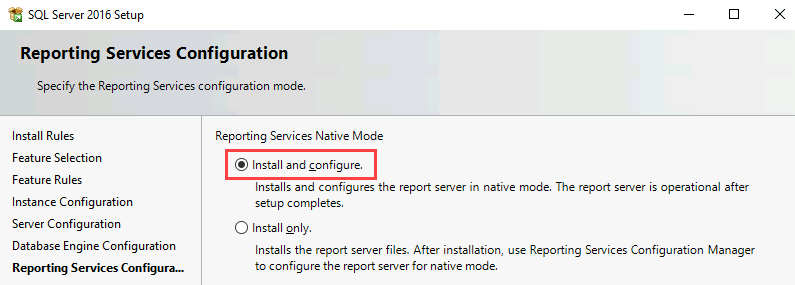 Captura de tela da página Configuração do Reporting Services. A opção Instalar e configurar está selecionada e em destaque.