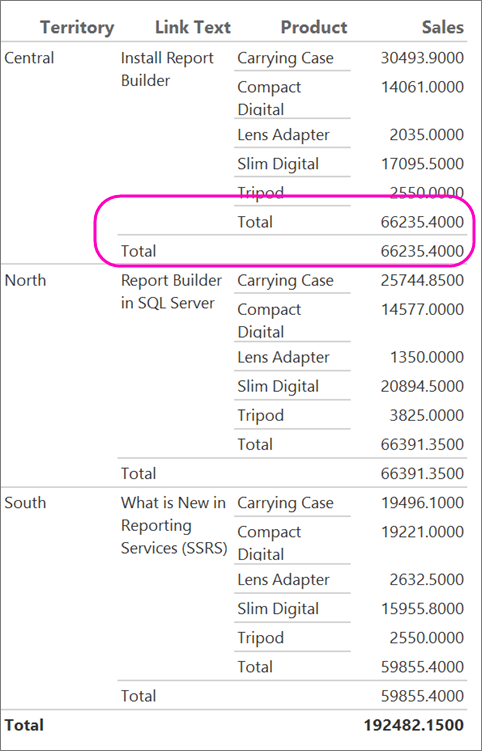 Captura de tela que mostra dois totais no relatório do Report Builder.