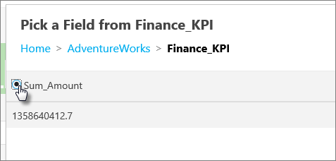 Captura de tela que mostra a seção Escolher um Campo de Finance_KPI com a opção Sum_Amount selecionada.