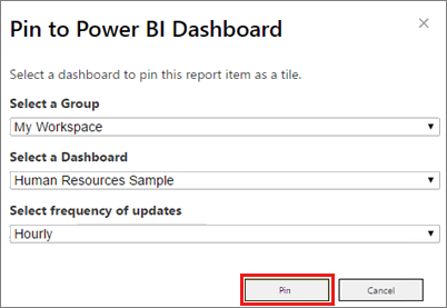 Captura de tela que mostra a caixa de diálogo Fixar no dashboard do Power BI.
