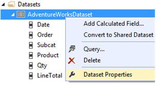Captura de tela do menu de contexto do AdventureWorksDataset destacando a opção Propriedades do Conjunto de Dados.