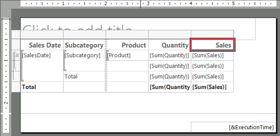 Captura de tela que mostra como selecionar o cabeçalho da coluna Vendas no relatório de tabela aberta no Report Builder.