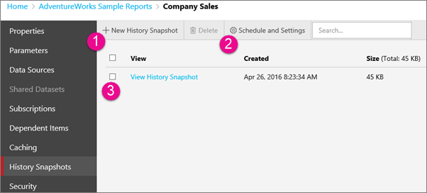 Captura de tela que mostra a página de captura de telas do Histórico da caixa de diálogo Editar Vendas da Empresa com três círculos numerados para as etapas abaixo da captura de tela.