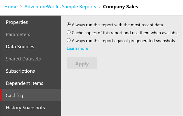 Captura de tela que mostra a tela Cache da caixa de diálogo Editar Vendas da Empresa com a opção Sempre executar este relatório com os dados mais recentes selecionada.