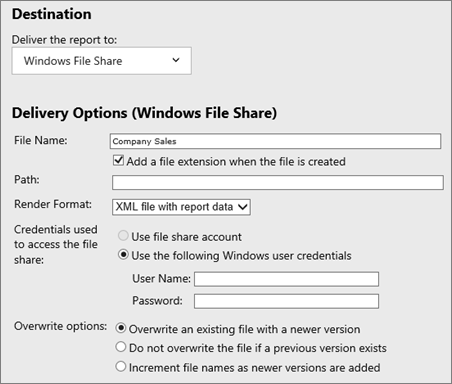 Captura de tela mostrando as seções Destino e Opções de Entrega (Compartilhamento de Arquivo do Windows).