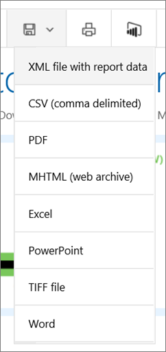 Captura de tela mostrando a lista Exportar do portal da Web do Reporting Services.