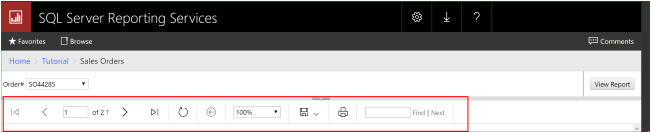 Captura de tela da barra de ferramentas de relatório no portal da Web.