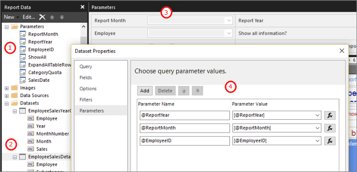 Captura de tela que mostra o Report Builder realçando o painel Dados do Relatório, o painel Parâmetros e a caixa de diálogo Propriedades do Conjunto de Dados.