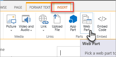 Captura de tela de Inserir um web part por meio da faixa de opções do Office.