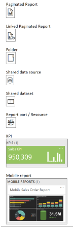 Screenshot of the various report server content icons.