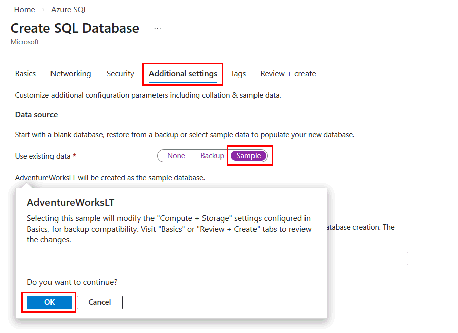 Captura de tela de Escolher amostra como a fonte de dados na guia configurações adicionais no portal do Azure ao criar seu banco de dados SQL do Azure.