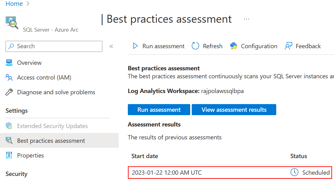 Captura de tela mostrando a habilitação bem-sucedida da avaliação de práticas recomendadas de um recurso do SQL Server habilitado para Arc.