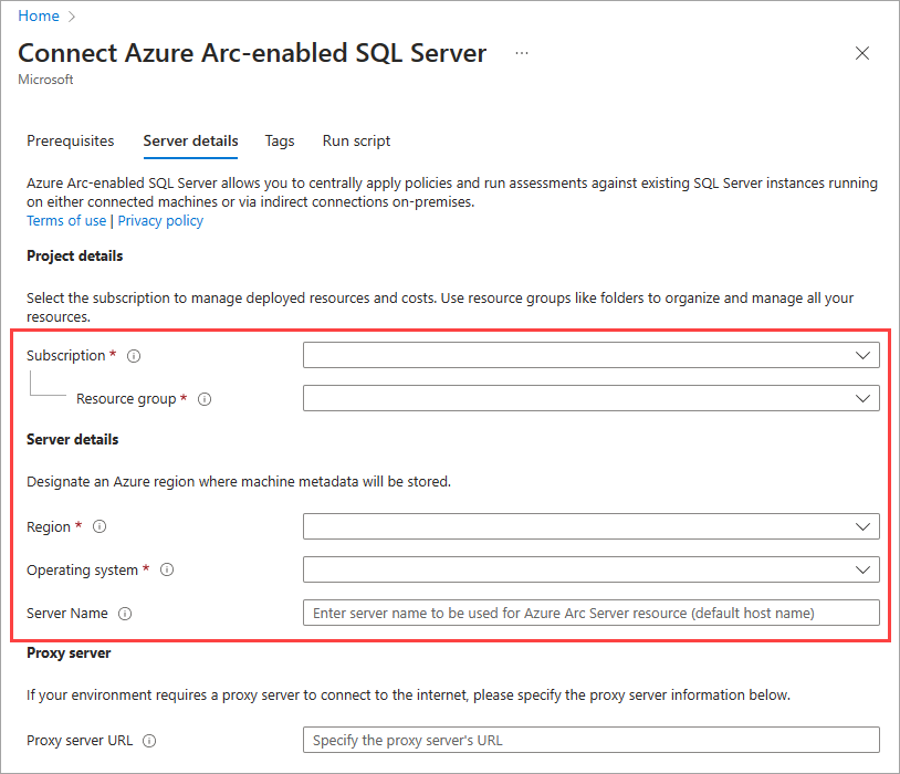 Captura de tela dos detalhes do servidor para o Azure Arc.