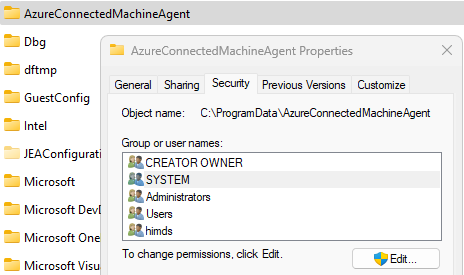Captura de tela da guia Propriedades de segurança da pasta AzureConnectedMachineAgent.
