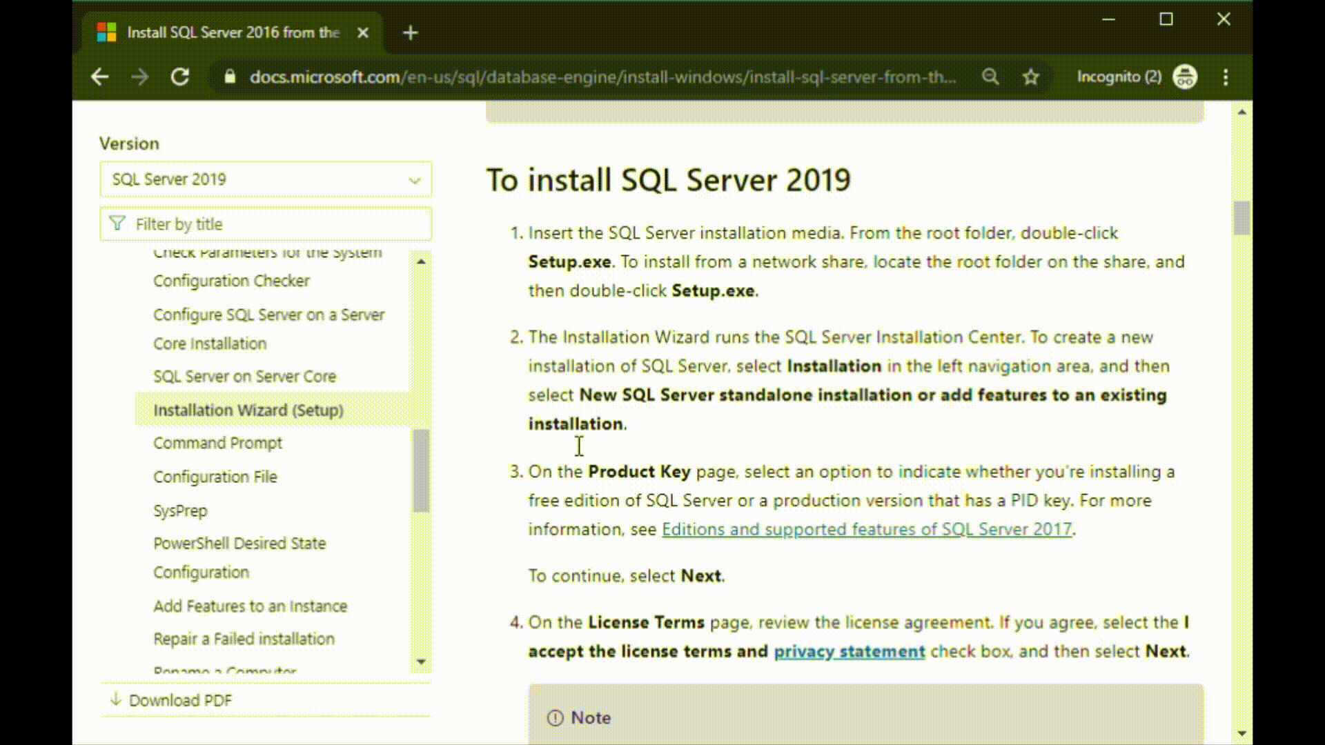Captura de tela mostrando o filtro de versão do SQL Docs.