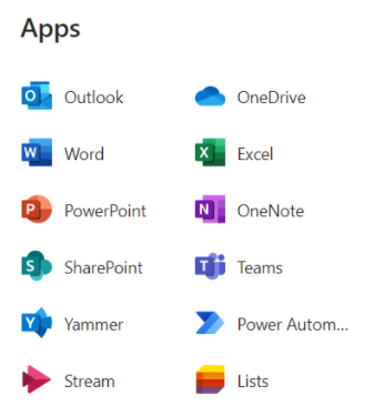 Um menu de aplicativos disponíveis para abrir no Centro de Administração do SharePoint