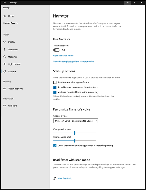 Ativar o Narrador para descrever o Windows e aplicativos