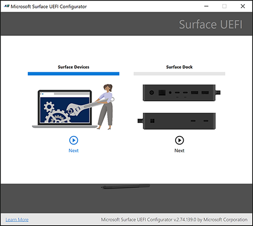 A captura de tela mostra a opção Dispositivos Surface selecionada.