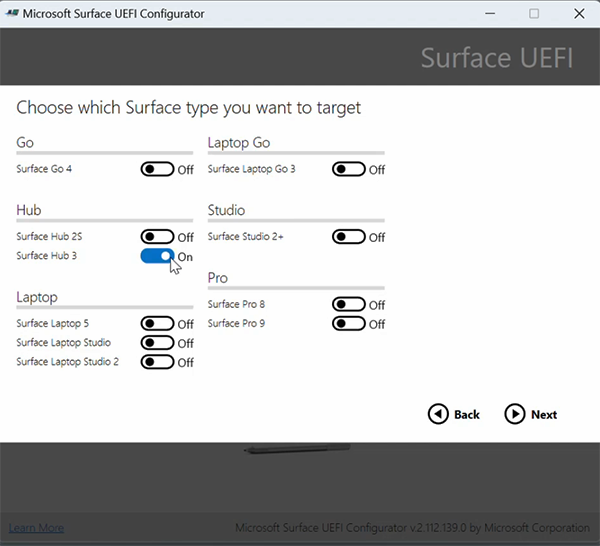 * Escolha Surface Hub 2S ou Surface Hub 3 como o destino para o pacote de configuração UEFI *.