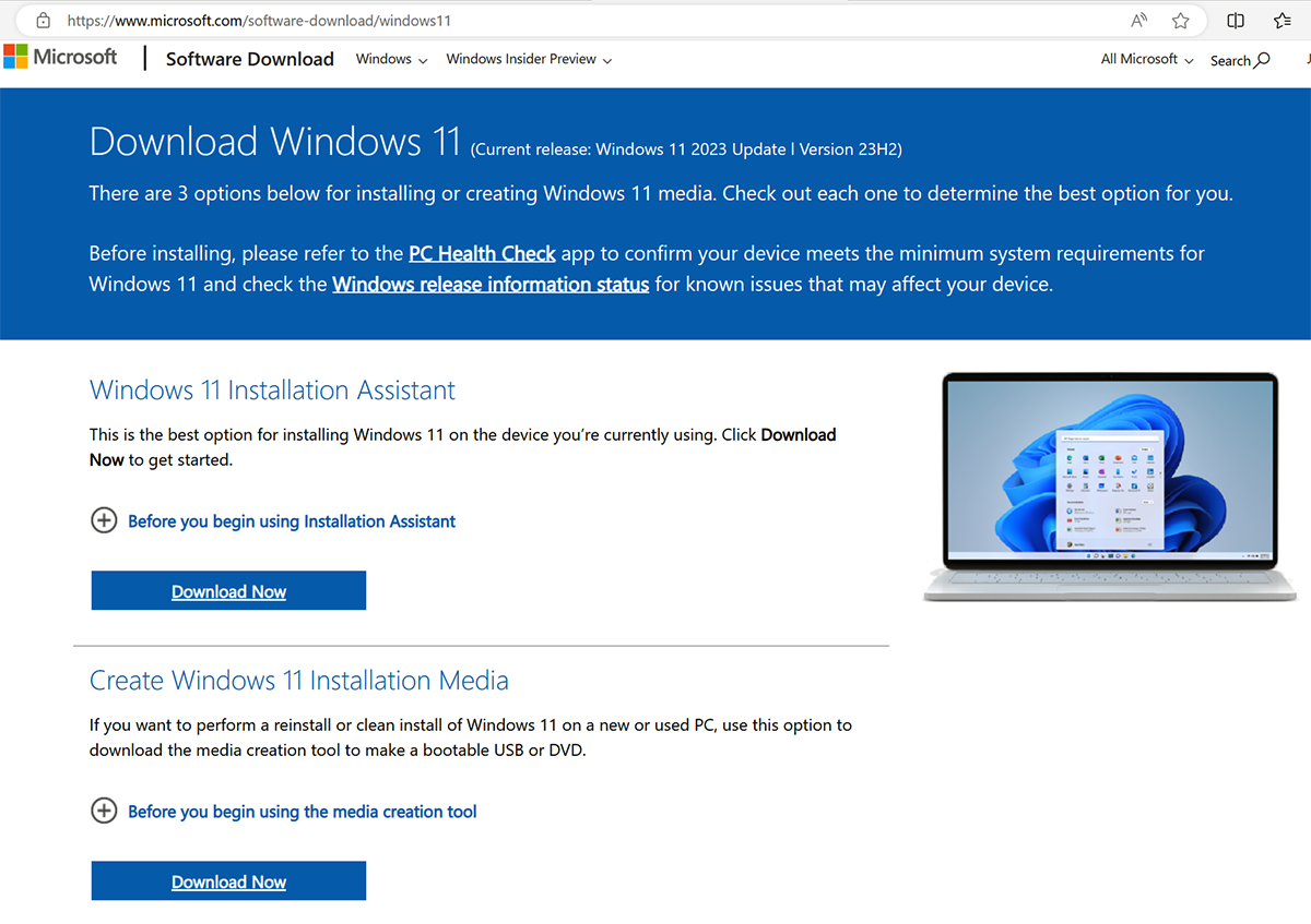 Captura de tela da página de download Windows 11.