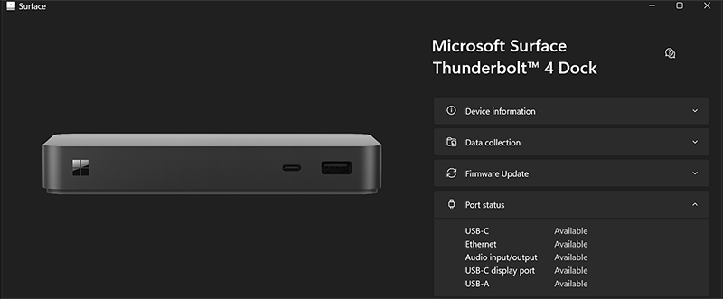 Captura de tela que mostra que o aplicativo Surface mostra que todas as portas estão disponíveis para usuários autenticados no Surface Dock 2.