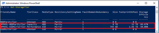 Captura de tela mostrando o resultado final de Get StorageTier command-let.