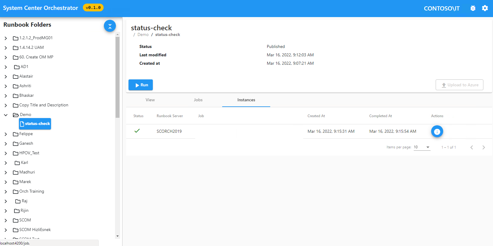 Captura de tela mostrando instâncias de runbook.