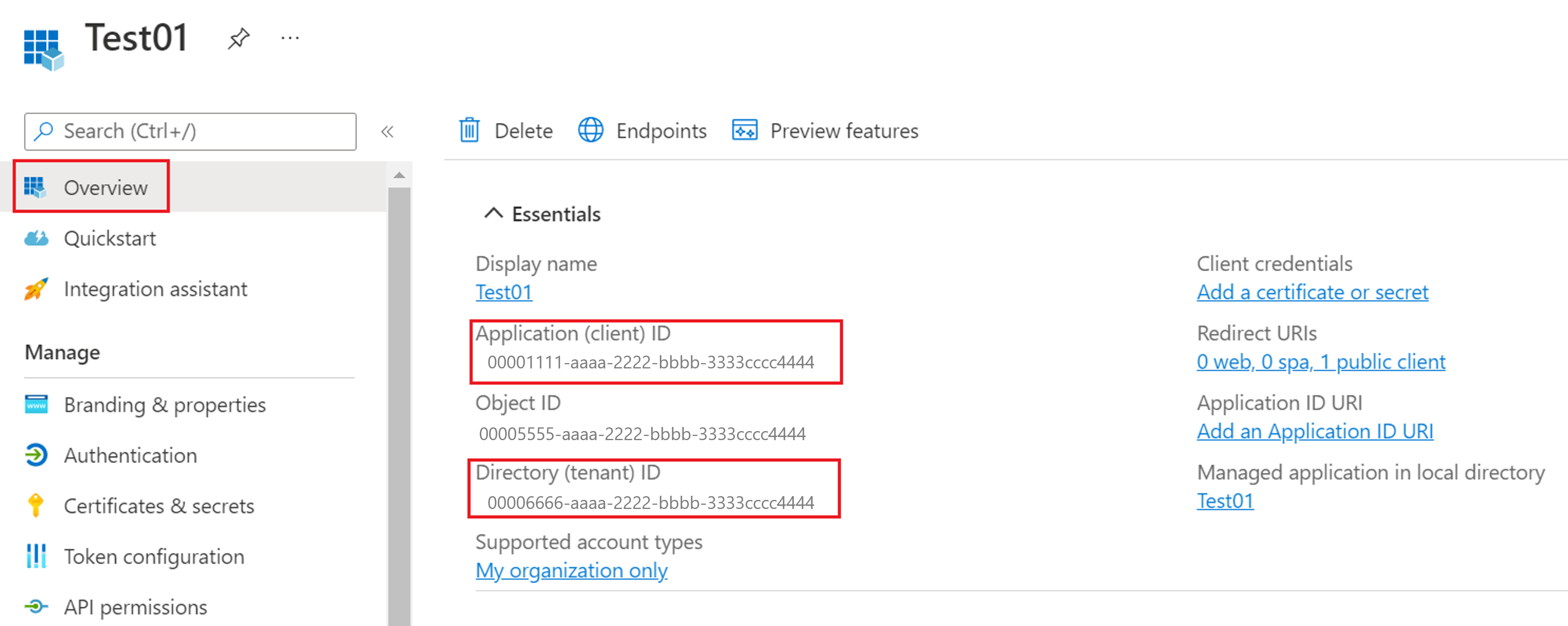 Captura de tela do painel de visão geral do aplicativo Azure AD.
