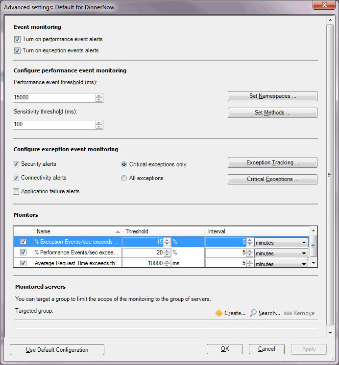 Captura de tela das Configurações avançadas para monitoramento do lado do servidor.
