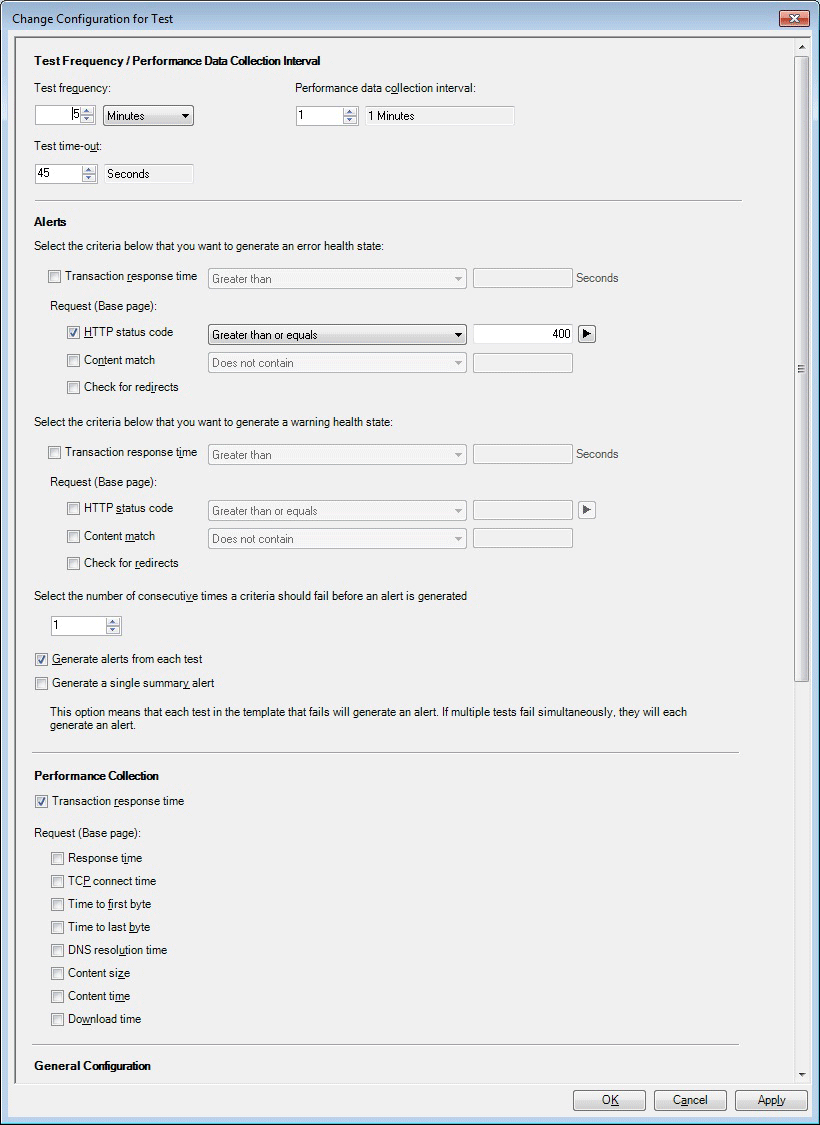 Captura de tela da página Alterar Configuração para Teste (superior).