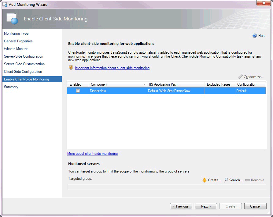 Captura de tela de Habilitar monitoramento de Client-Side.