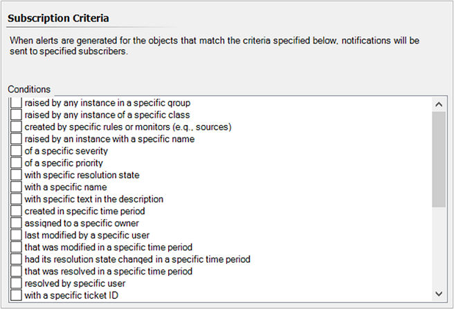 Captura de tela mostrando Lista de condições para alertas.