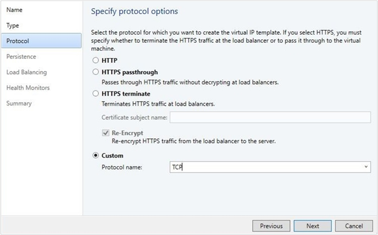Captura de tela das opções de protocolo VIP.