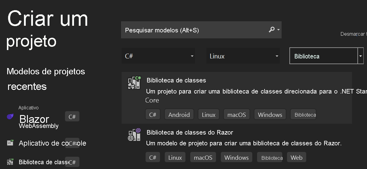 Captura de tela dos links do modelo de biblioteca de componentes Razor no painel 