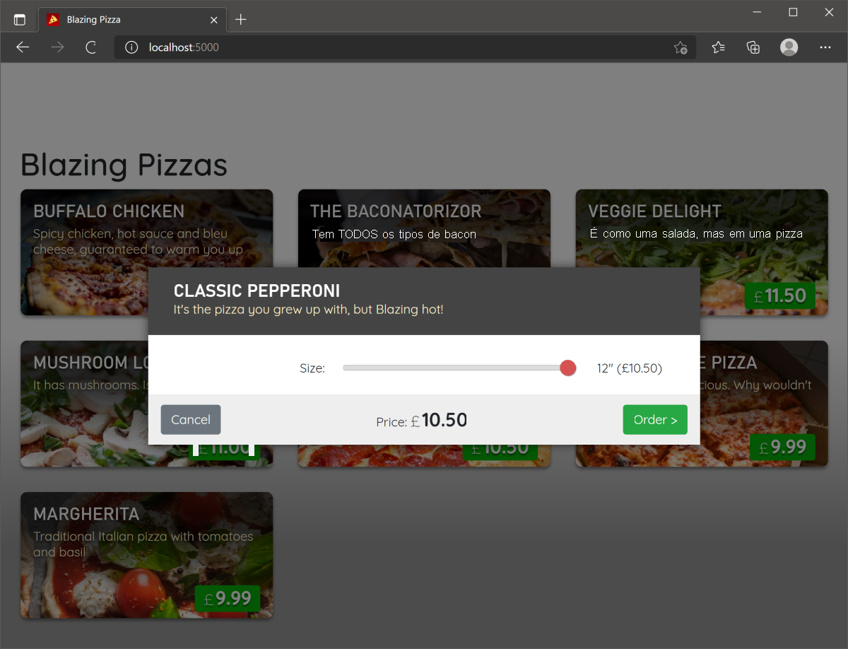 Captura de tela mostrando a caixa de diálogo de pedidos de pizza.
