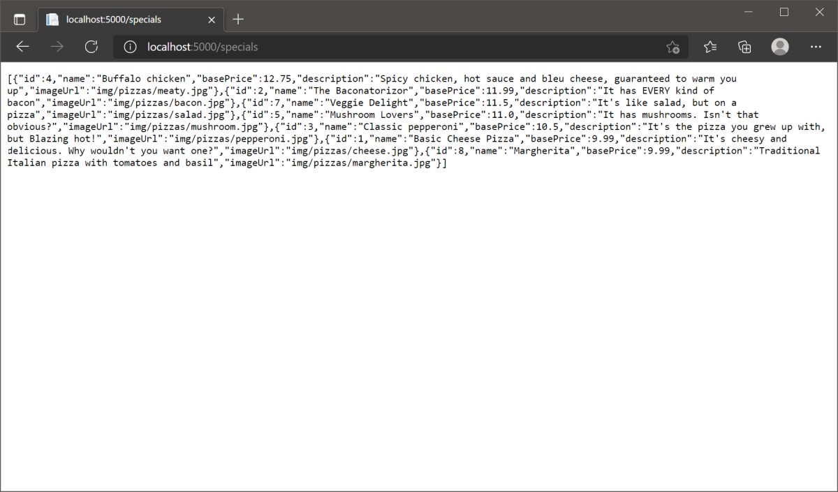 Captura de tela exibindo o navegador que mostra o JSON para pizzas.