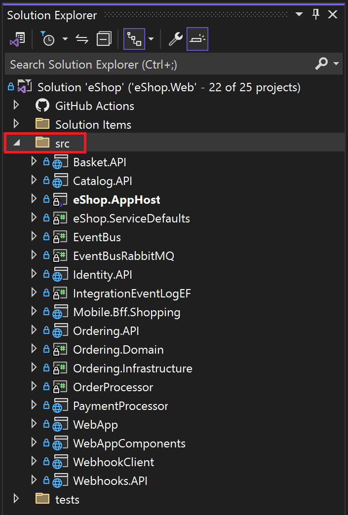 Captura de tela mostrando a estrutura da solução eShop no Gerenciador de Soluções Visual Studio.
