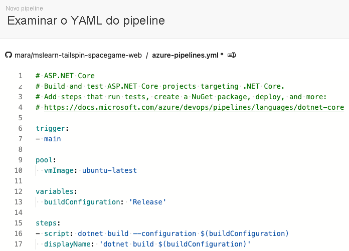 Screenshot of Azure Pipelines showing the initial build configuration.