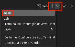 Captura de tela da seleção do shell Bash no Visual Studio Code.