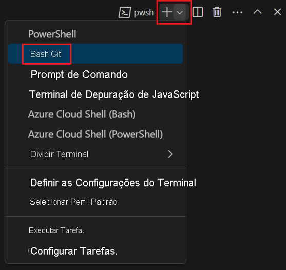 Uma captura de tela do Visual Studio Code mostrando a localização do shell do Git Bash.