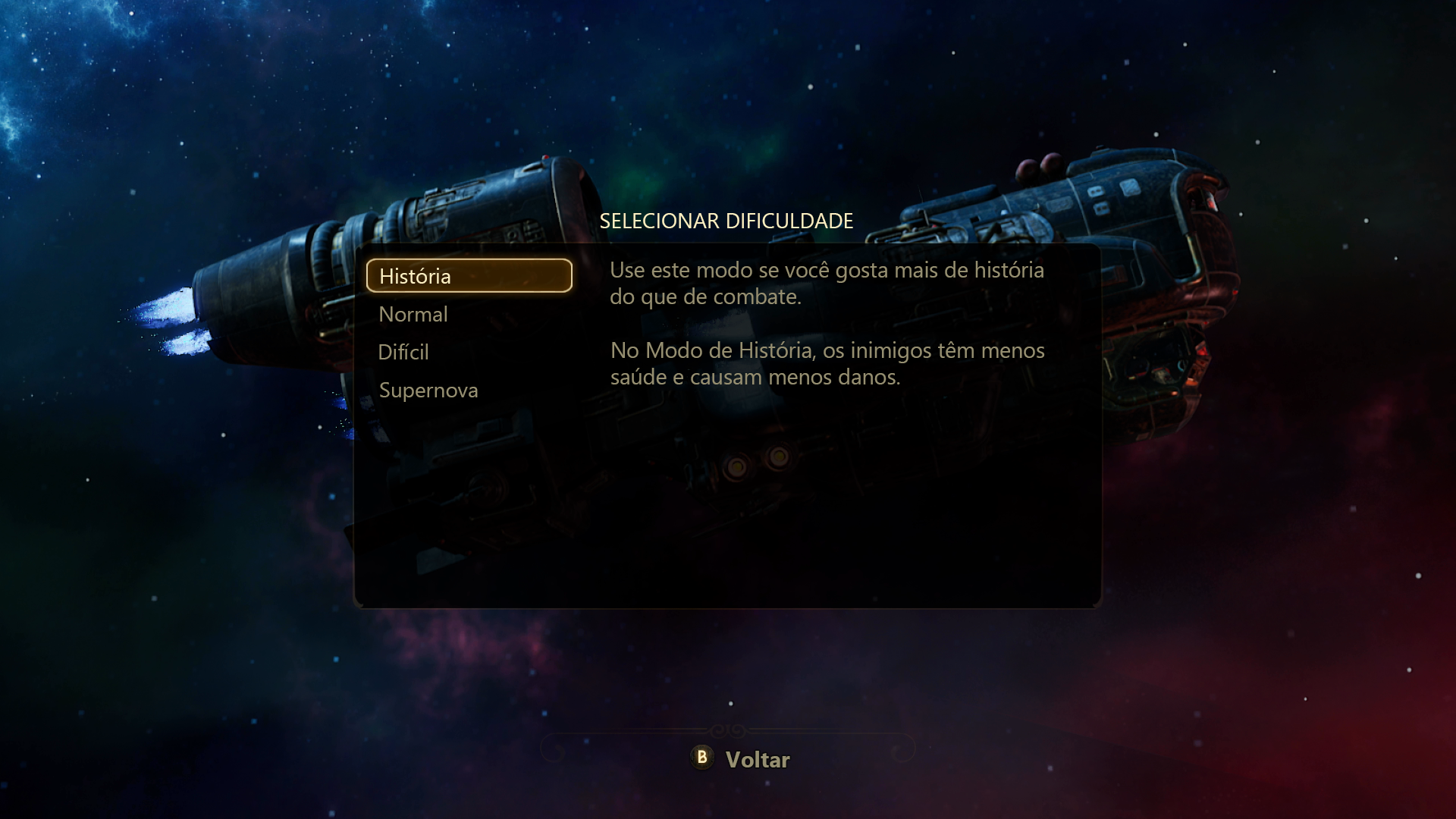 Screenshot that shows the difficulty settings screen in The Outer Worlds. Story is selected with a description of how it affects gameplay. It reads, Use this mode if you enjoy story more than combat. In Story Mode, enemies have less health and do less damage.