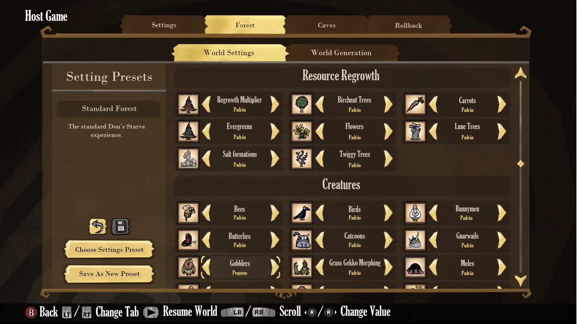 Screenshot that shows the Custom presets menu in Don't Starve Together. The Forest tab is selected.