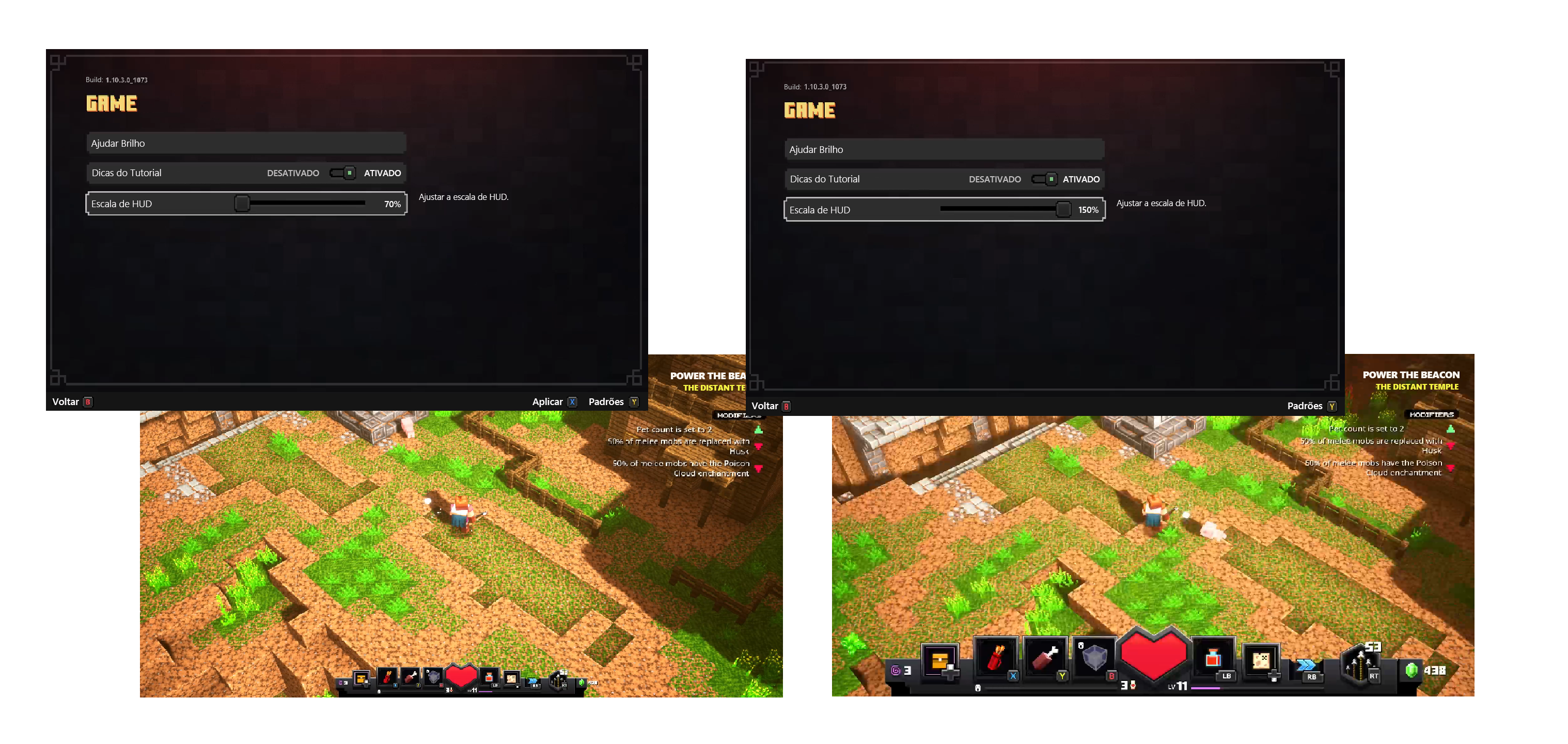 Two sets of screenshots from Minecraft Dungeons demonstrate how the Hud Scale setting can be set from 70% to 150%.