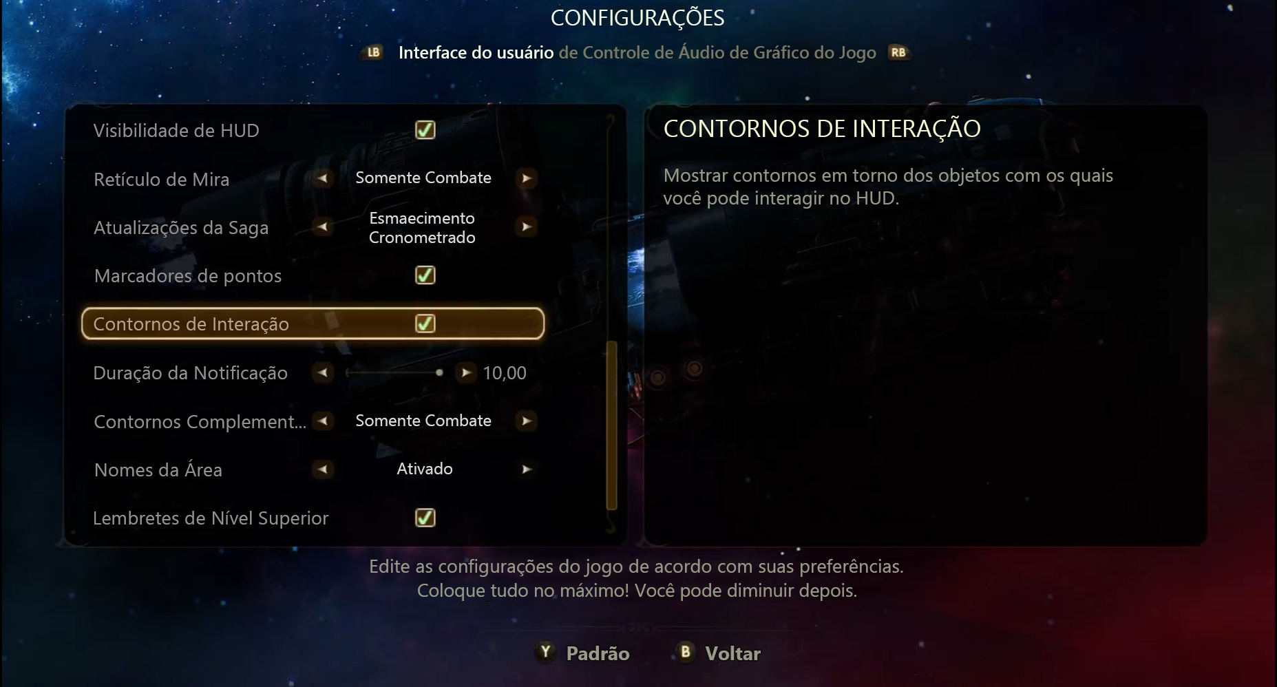 Screenshot that shows the UI settings in The Outer Worlds. The Interaction Outlines checkbox is selected.