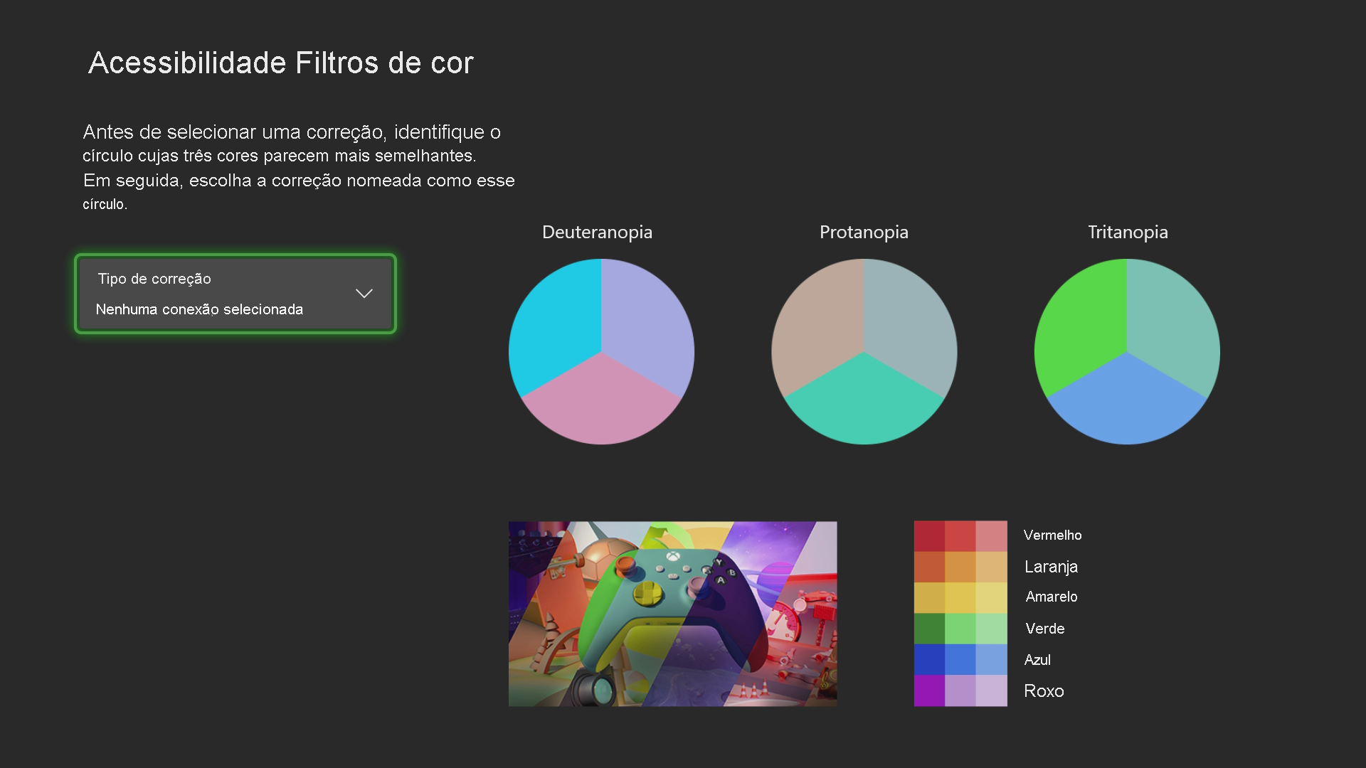 A screenshot that shows the Xbox Accessibility Color filters settings screen. The list box Correction type: No correction selected is shown and highlighted. To the right are three circles, each divided into three equal segments of different colors and labeled Deuteranopia, Protanopia, and Tritanopia. Underneath the circles is a colorful image of an Xbox controller. Next to it is a grid of colors representing the colors of the rainbow, from red to purple. Text on the screen reads: Before selecting a correction, identify the circle whose three colors look most similar. Then choose the correction named for that circle.