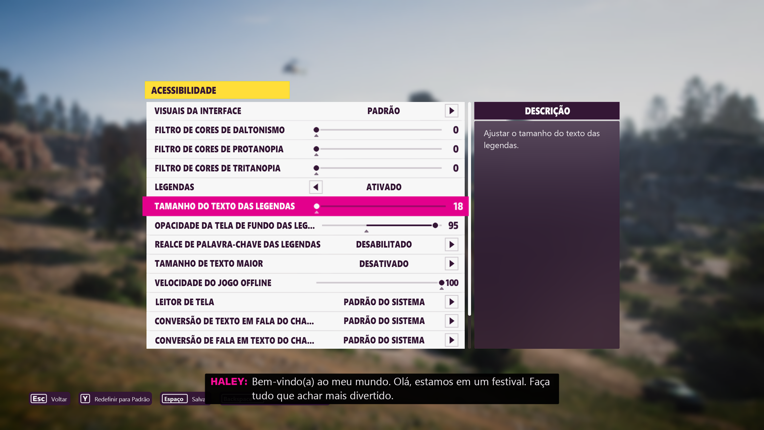 A screenshot that shows the Forza Horizon 5 Accessibility settings menu. The Subtitles Text Size option has focus. A slider to increase and decrease subtitle text size is provided. A preview of the user's current subtitle settings is shown at the bottom of the screen.
