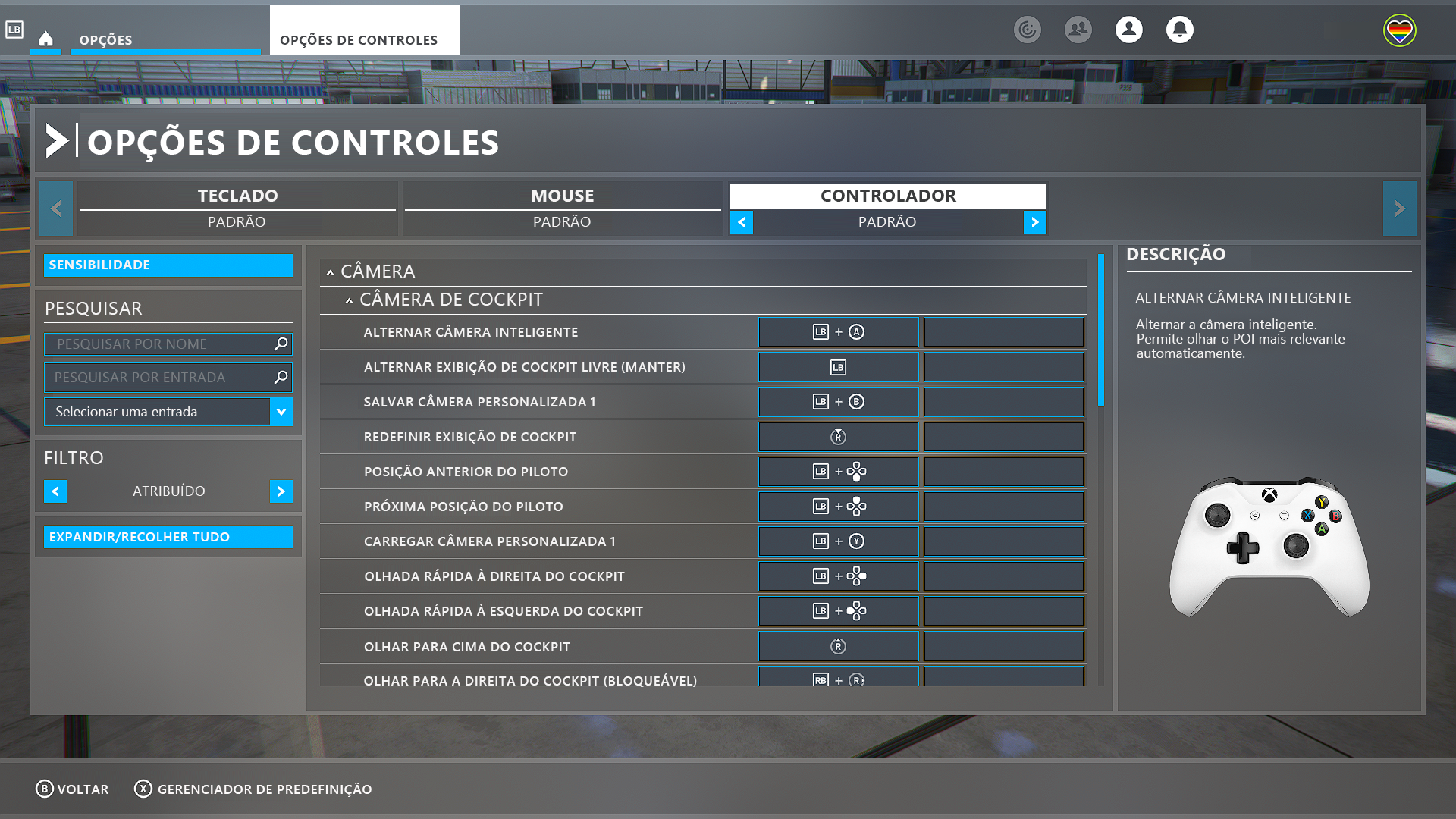 A screenshot that shows the Microsoft Flight Simulator Controls Options menu. The controller option is selected. A long list of game controls that can be reassigned to the player's desired controller input is displayed.