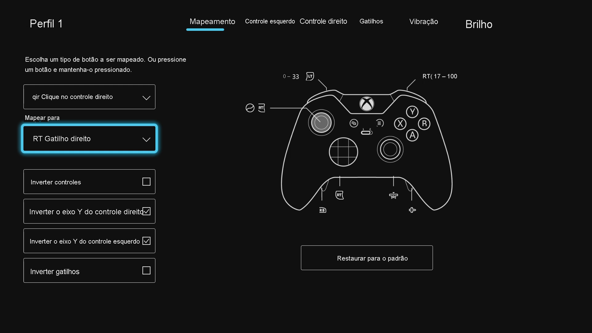 Captura de tela que mostra a tela de configuração do Xbox Elite Controller. O campo Mapa para é realçado e o gatilho Direito está selecionado.