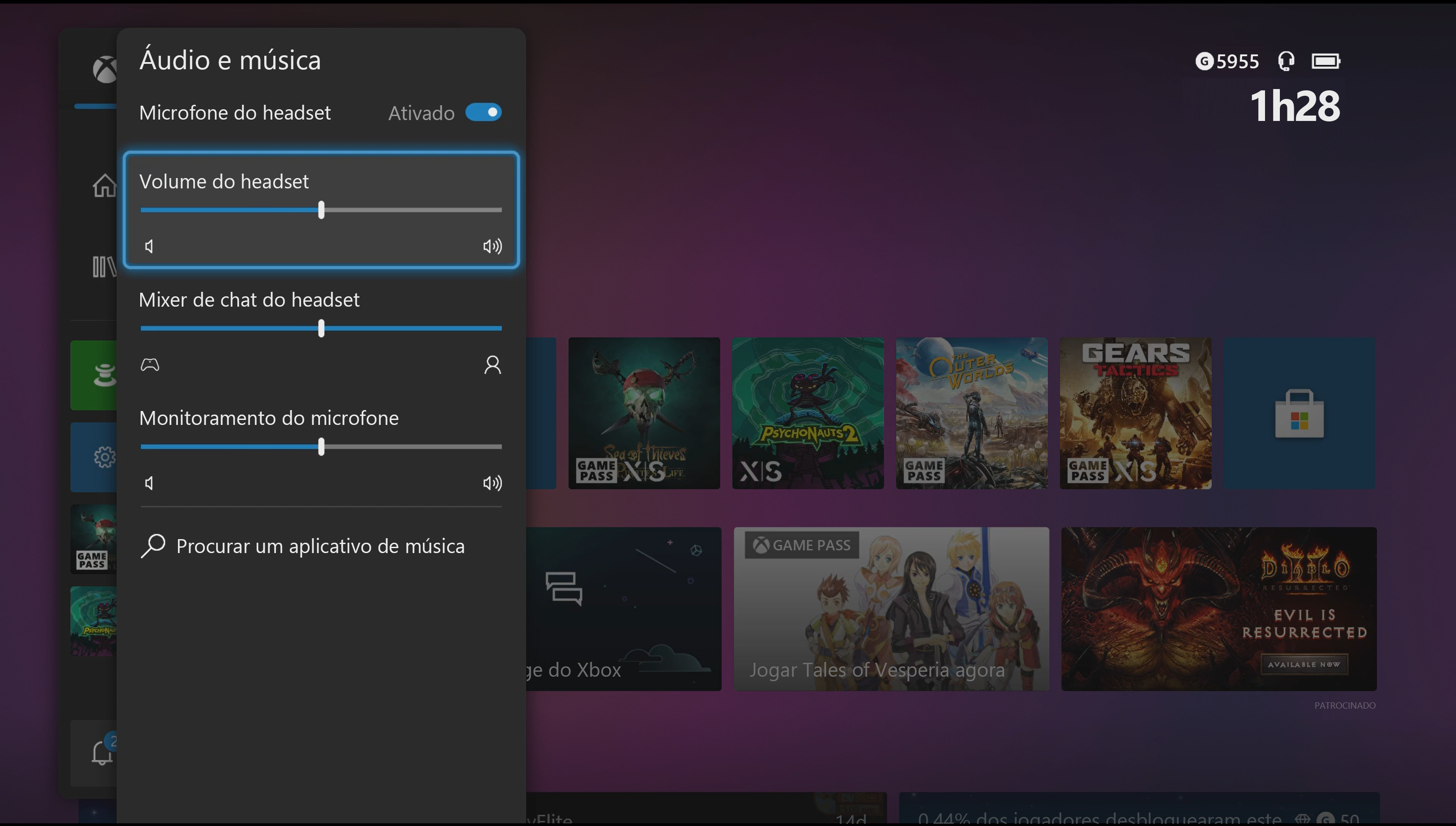 Captura de tela que mostra o painel de configurações de áudio e música do Xbox. O seletor de volume do fone de ouvido está realçado.